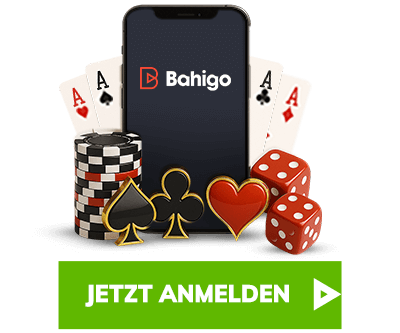 Smartphone mit Bahigo Logo daneben vier Spielkarten zwei rote Würfel und verschiedene Casinosymbole